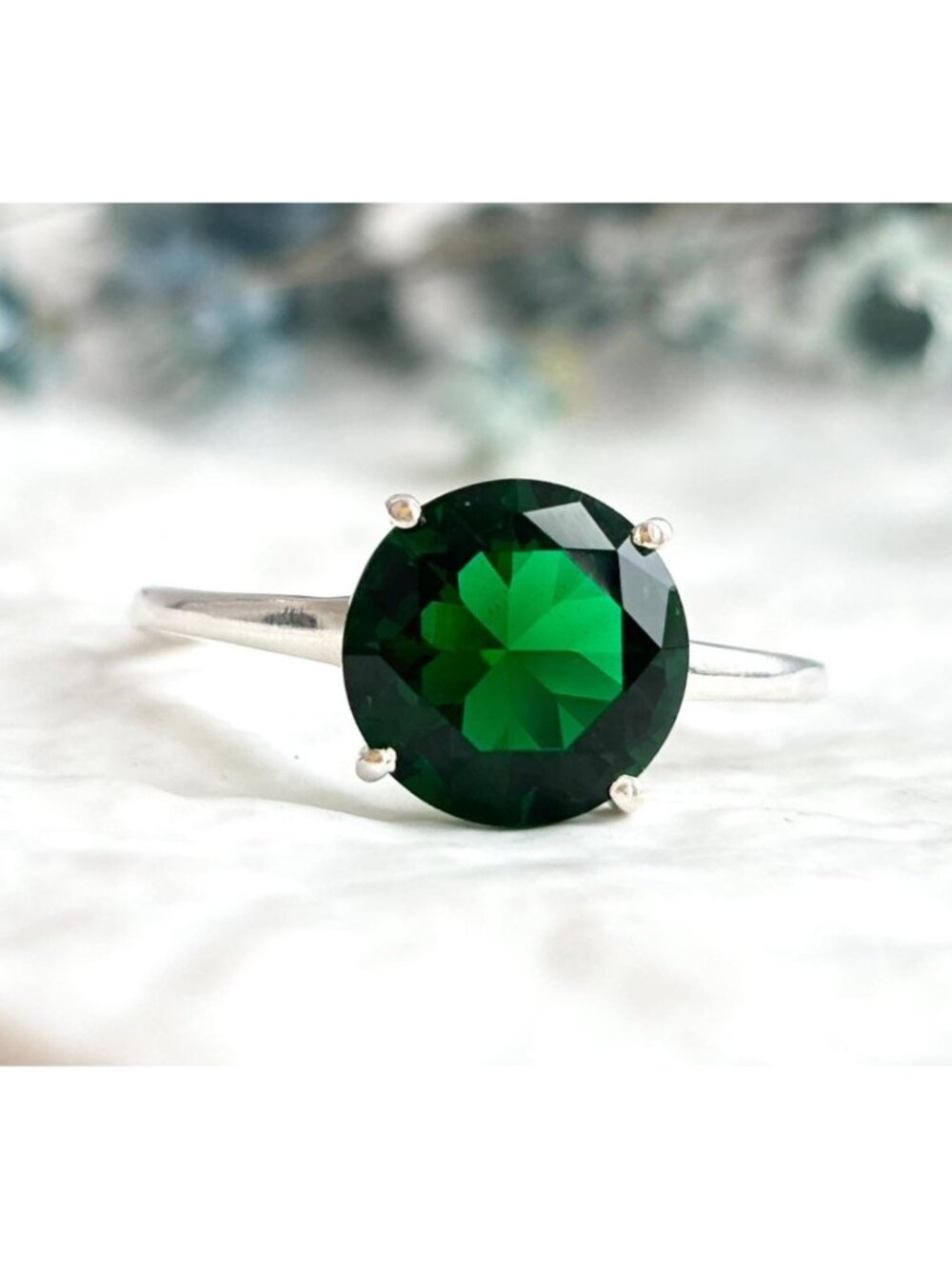 Green Tourmaline Round Cut Solitaire Sterling Silver 925 Vintage Ring - sz 10